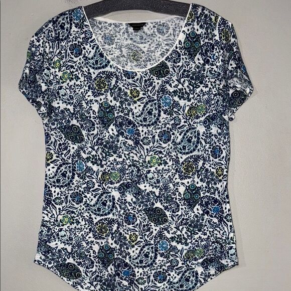 Ann Taylor Blue and White Linen Blend Blouse with Floral Design - Picture 1 of 13